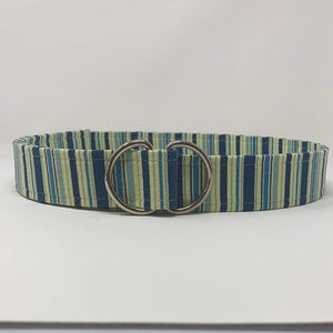 Blue vertical striped d-ring belt by oliver green