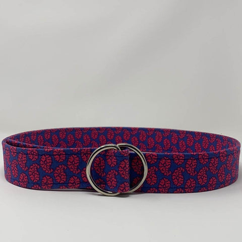 blue d ring belt with red paisley print by oliver green