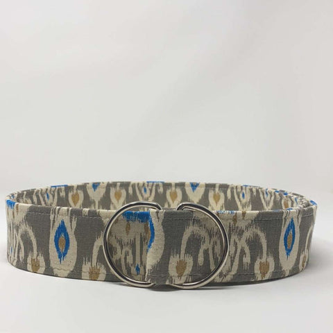 Grey two inch wide d-ring belt by oliver green with ikat pattern