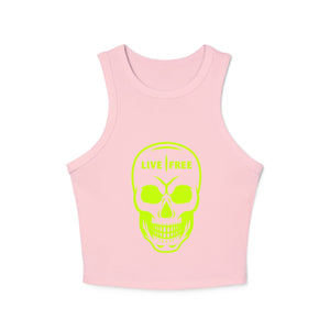 Women's neon green micro rib racer tank top with "Live Free" skull design, high neck style, perfect for casual summer wear.