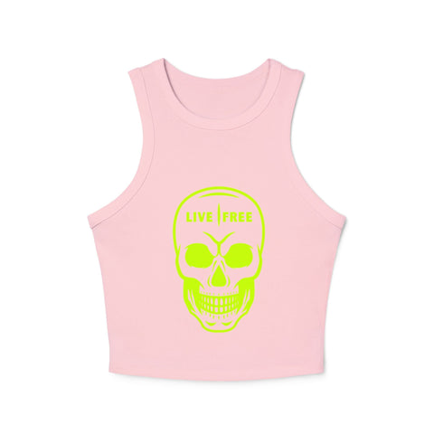 Women's neon green micro rib racer tank top with "Live Free" skull design, high neck style, perfect for casual summer wear.