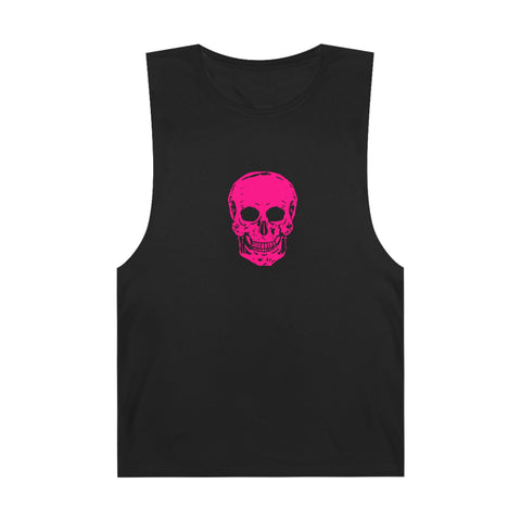 Pink skull unisex tank top with edgy design, ideal for summer festivals and casual wear.