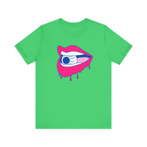 Unisex green tee with dripping lip and eyeball graphic by FUGITIVE TEES.