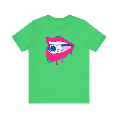 Unisex green tee with dripping lip and eyeball graphic by FUGITIVE TEES.