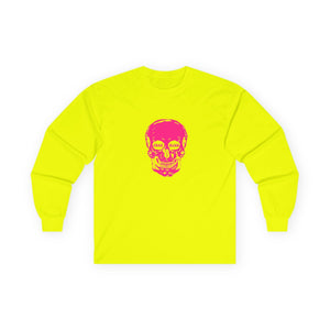 Neon pink "FREE MIND" skull unisex long sleeve tee with bold graphic design.