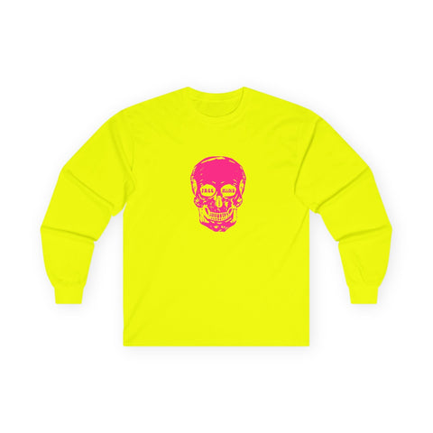 Neon pink "FREE MIND" skull unisex long sleeve tee with bold graphic design.