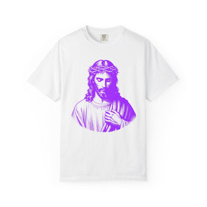 Unisex garment-dyed t-shirt in vintage neon purple featuring Jesus design on front.