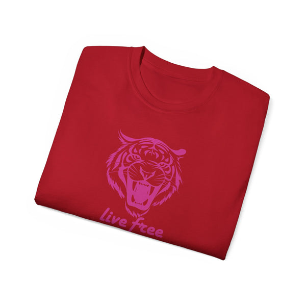 Fugitive Tees- Pink “Live Free” Jumbo Retro Roaring Tiger Head Graphic Tee