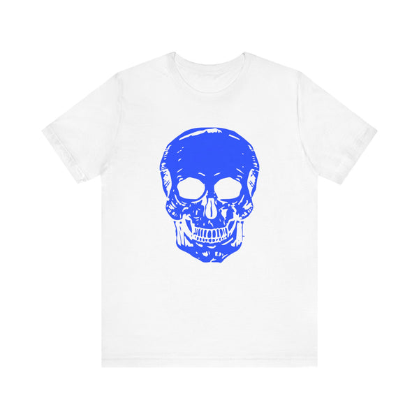 Neon Blue Skull Graphic Unisex Tee with 'Fugitive.' Text