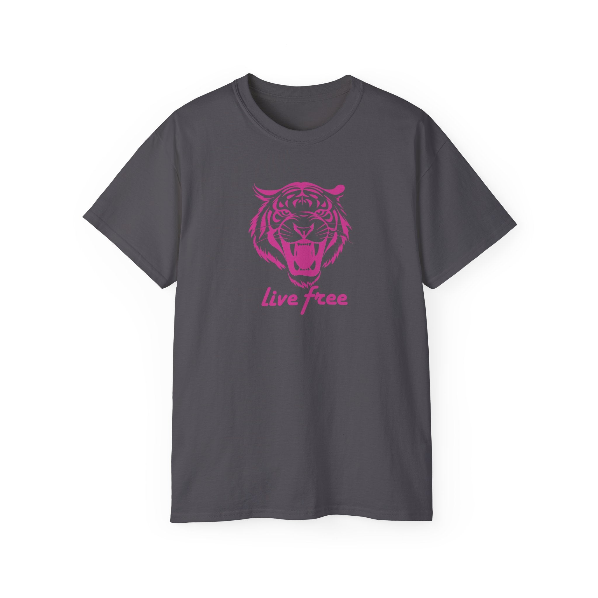 Fugitive Tees- Pink “Live Free” Jumbo Retro Roaring Tiger Head Graphic Tee