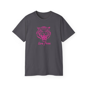 Fugitive Tees- Pink “Live Free” Jumbo Retro Roaring Tiger Head Graphic Tee