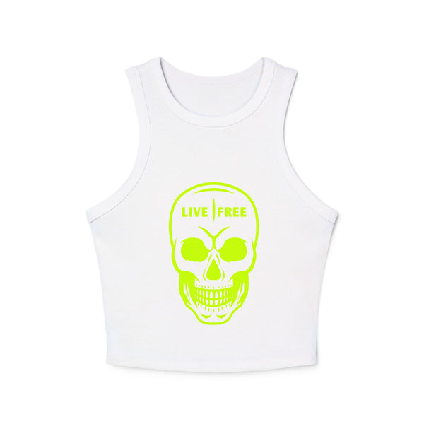 Women's Micro Rib Racer Tank Top - Neon Green Live Free Skull Design, Casual Summer Wear