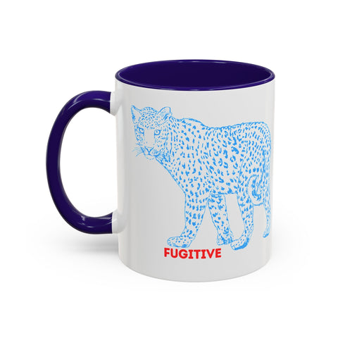 Colorful fun mug with blue leopard design and the word "FUGITIVE" in red, 11oz or 15oz sizes, ideal for brightening mornings.