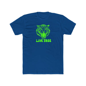 Live Free neon green tiger graphic unisex cotton crew tee in blue.
