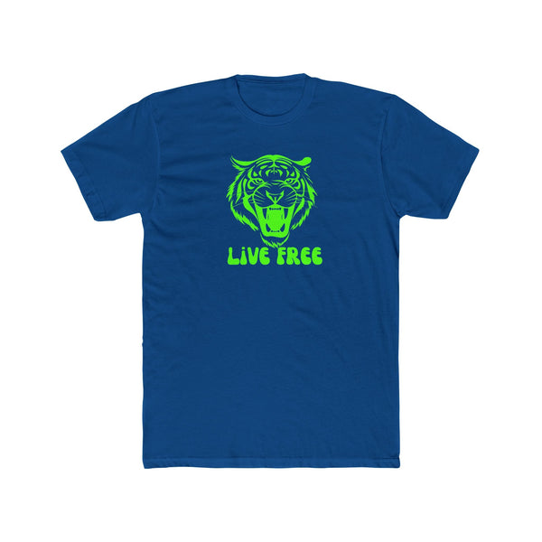 Live Free neon green tiger graphic unisex cotton crew tee in blue.