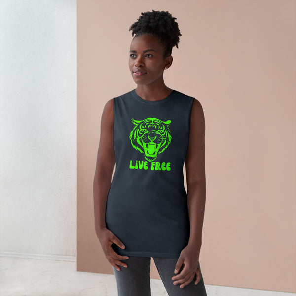 Live Free Neon Green Tiger Unisex Tank Top - Bold Graphic Tee for Adventure Seekers