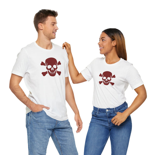 BURGUNDY Fugitive Skull and Crossbones Graphic Tee - Unisex Jersey Short Sleeve T-Shirt