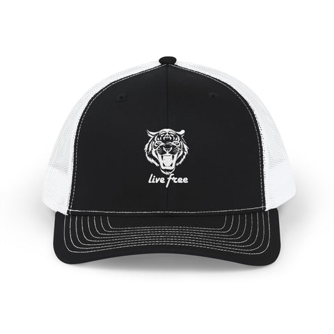 Stylish tiger snapback trucker cap with black front panel and white mesh back, featuring "Live Free" embroidery.