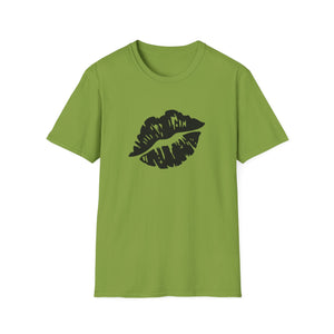 Bold black lip print tee on green fabric, featuring FUGITIVE text for a unique statement style.