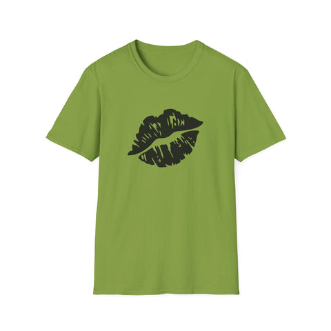 Bold black lip print tee on green fabric, featuring FUGITIVE text for a unique statement style.