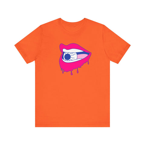 Unisex tee with neon pink dripping lips and eyeball design on orange fabric, surreal fashion by FUGITIVE TEES.
