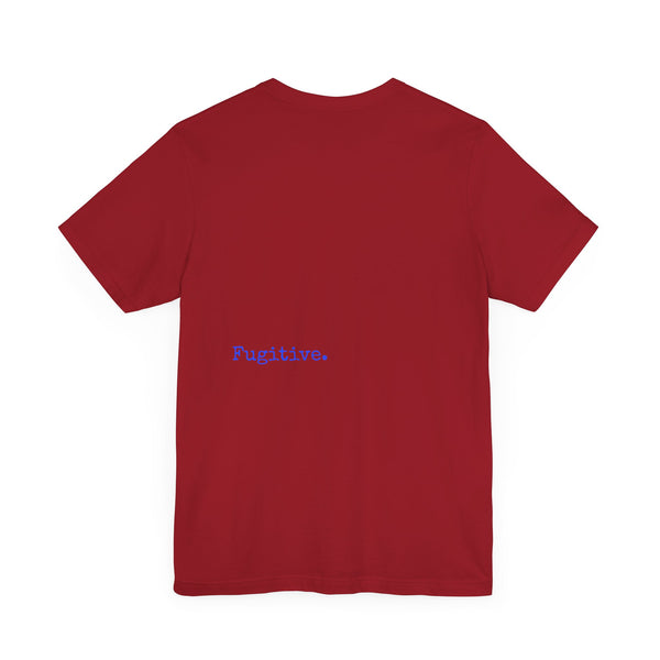 Neon Blue Skull Graphic Unisex Tee with 'Fugitive.' Text