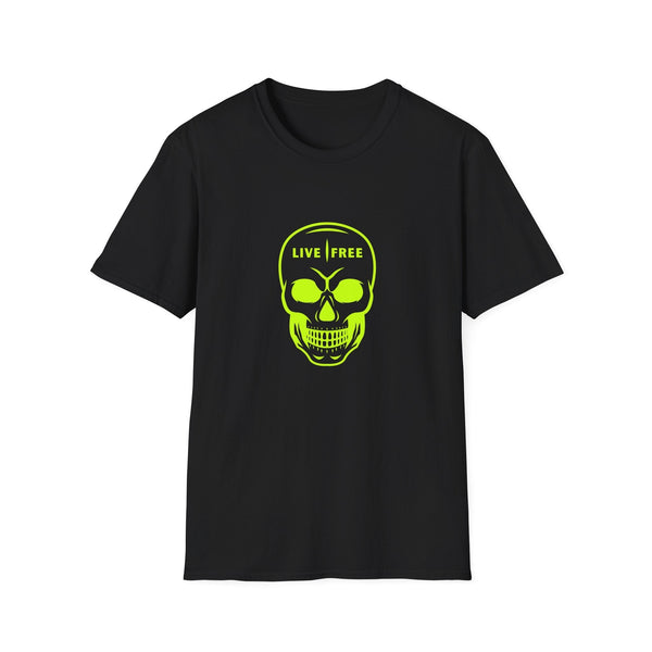 Neon green Live Free skull graphic on unisex softstyle t-shirt, edgy and stylish tee.
