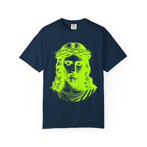 Unisex Neon Lime Jesus Crown of Thorns Graphic T-Shirt on dark background.