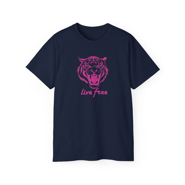 Fugitive Tees- Pink “Live Free” Jumbo Retro Roaring Tiger Head Graphic Tee