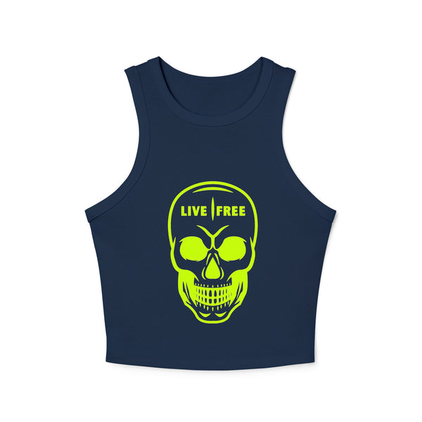 Women's Micro Rib Racer Tank Top - Neon Green Live Free Skull Design, Casual Summer Wear