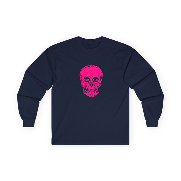 Neon Pink FREE MIND SKULL Unisex Long Sleeve Tee - Pink Skull Design with 'FREE MIND' Text - Retro Casual Style