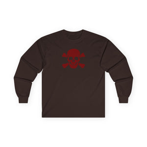 Unisex Long Sleeve Tee - BURGUNDY Skull  and Crossbones Long Sleeved Tee Shirt