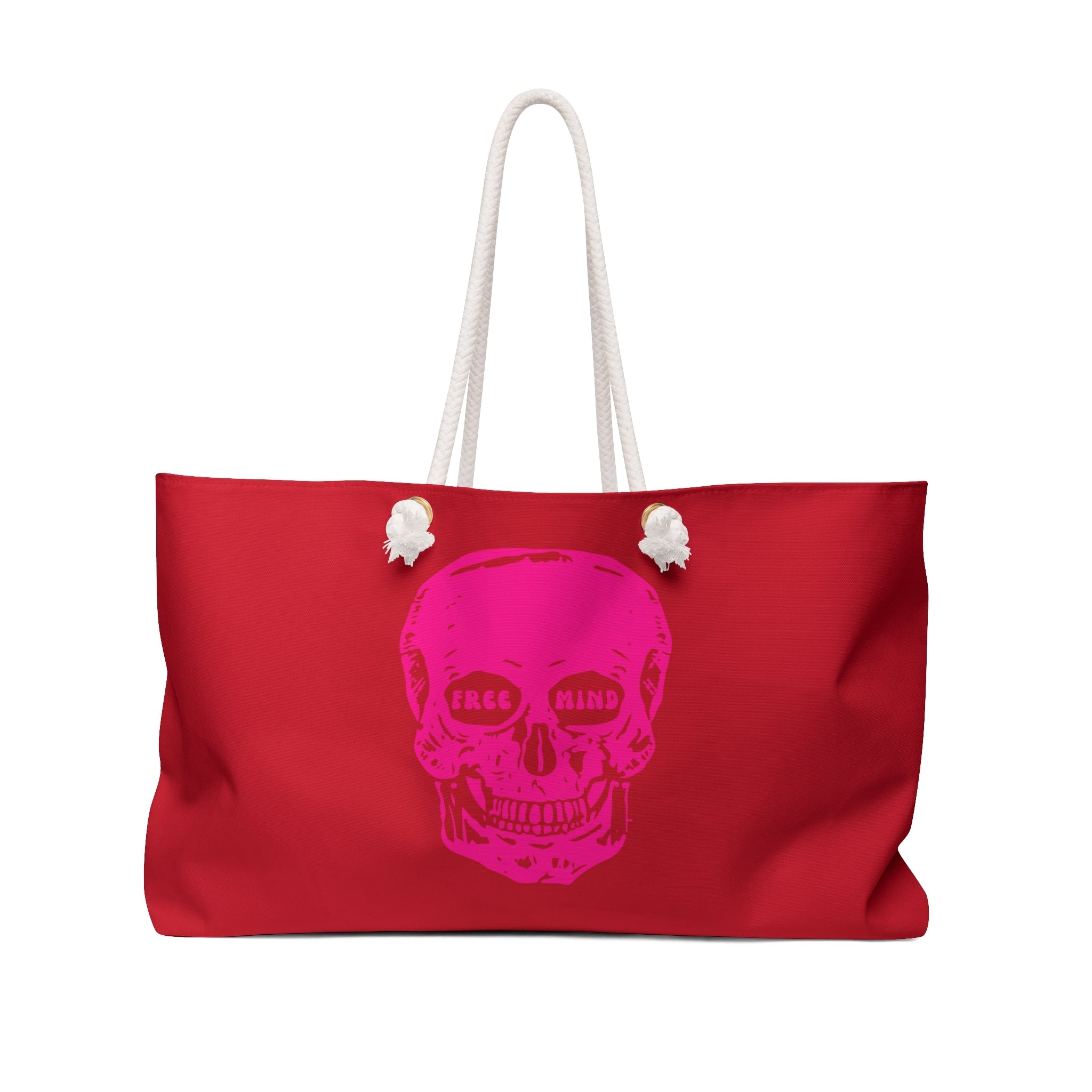Bold red weekender bag featuring a neon pink skull graphic with "FREE MIND" text.