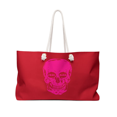 Bold red weekender bag featuring a neon pink skull graphic with "FREE MIND" text.