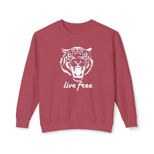 Unisex lightweight crewneck sweatshirt with "live free" tiger design, relaxed fit for casual and comfortable wear.