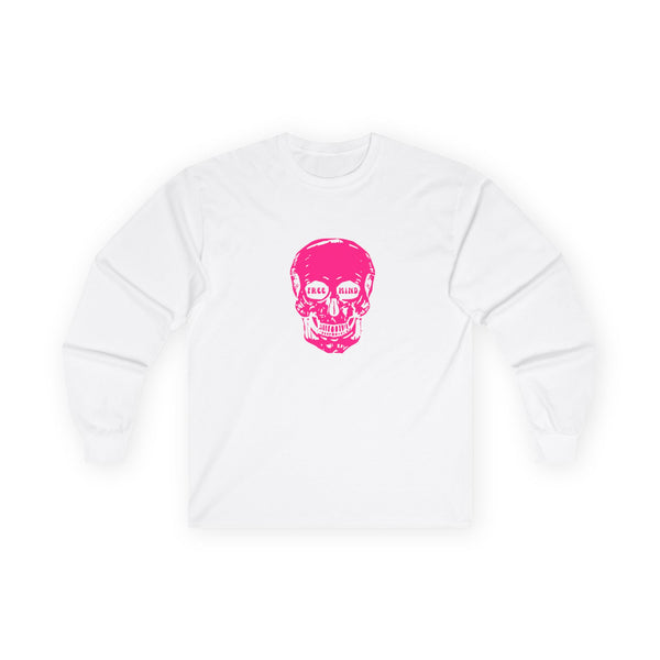 Neon Pink FREE MIND SKULL Unisex Long Sleeve Tee - Pink Skull Design with 'FREE MIND' Text - Retro Casual Style