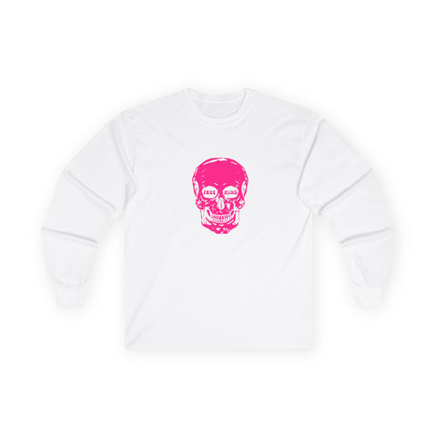 Neon pink skull design long sleeve tee with 'FREE MIND' text, unisex retro style.
