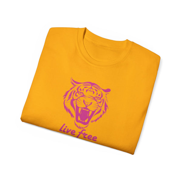 Fugitive Tees- Pink “Live Free” Jumbo Retro Roaring Tiger Head Graphic Tee