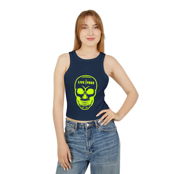 Women's Micro Rib Racer Tank Top - Neon Green Live Free Skull Design, Casual Summer Wear