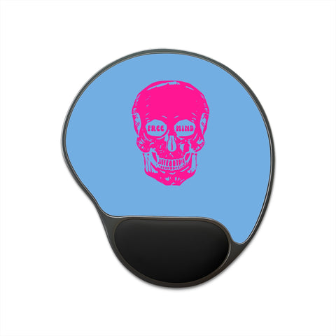 Neon pink skull design mouse pad with ergonomic wrist rest, vibrant blue background.