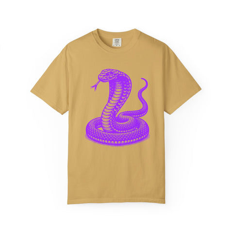 Unisex t-shirt with neon purple snake graphic on front, vibrant cobra design, Fugitive print, garment-dyed, 100% US cotton.