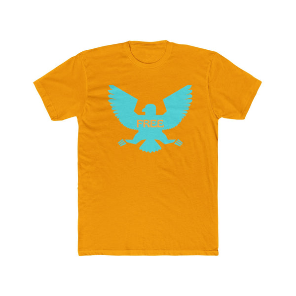 Unisex cotton crew tee with a bold turquoise eagle design and "FREE" text on orange fabric, symbolizing freedom and empowerment.