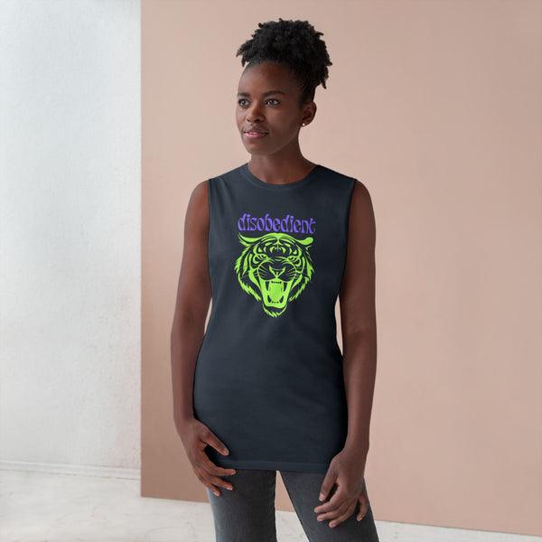 Unisex tank top with disobedient tiger graphic, perfect for summer adventures, lightweight and breathable.