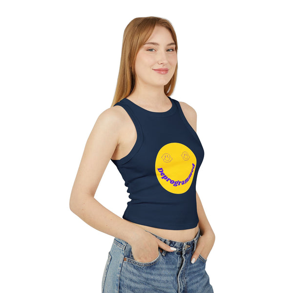 Women's micro rib racer tank top with cheerful smiley graphic; modern high neck style, navy color, paired with jeans.
