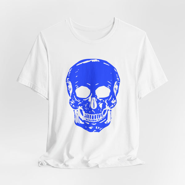 Neon Blue Skull Graphic Unisex Tee with 'Fugitive.' Text