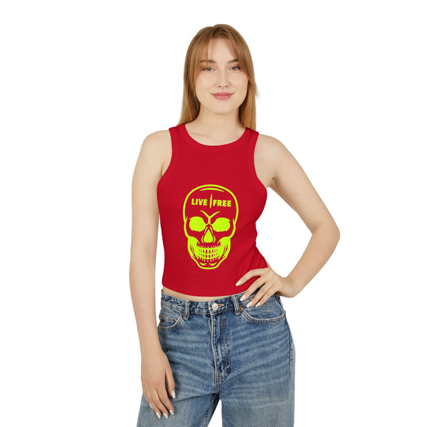 Women's Micro Rib Racer Tank Top - Neon Green Live Free Skull Design, Casual Summer Wear
