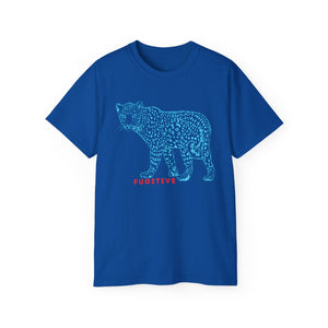 Unisex cotton tee with Fugitive Bear graphic, casual animal lover gift.