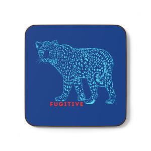 Vibrant Fugitive Tiger Hardboard Coaster with blue tiger design on navy background.