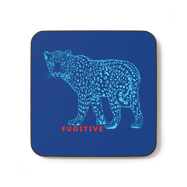 Vibrant Fugitive Tiger Hardboard Coaster with blue tiger design on navy background.