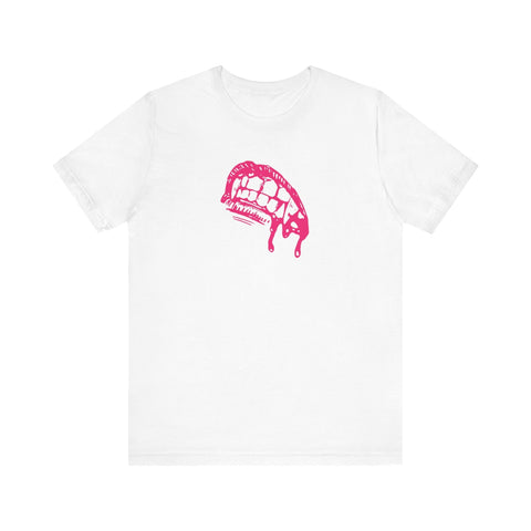 White Fugitive Tees t-shirt with pink vampire fang graphic design, lightweight cotton, crew neck, retail fit